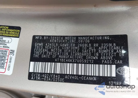 2007 Toyota Camry Le из США, поврежденный, VIN 4T1BE46KX7U059212